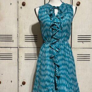 Lil by Anthropologie Teal & White Print Silk Dress with Ruffle Accent, Size 2
